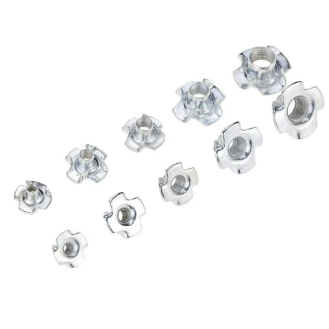 Assorted sizes of zinc-plated four-claw nuts from 80 Piece Box Of Zinc Plated Four Claw Nuts M3 M4 M5 M6 M8 For Speaker Mounts And Furniture Hardware Tee Nuts Blind Pronged Heavy Duty Fit For DIY Projects And Assemblies.