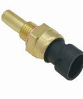 Engine coolant temperature sensor, brass threaded body, black plastic connector (front view)