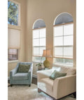 Living room with No Tools Needed Arch Window Shade White Pleated Fabric Light Blocking Privacy Shade With Peel And Stick Install For 72 W By 36 H Half Round Arch Windows