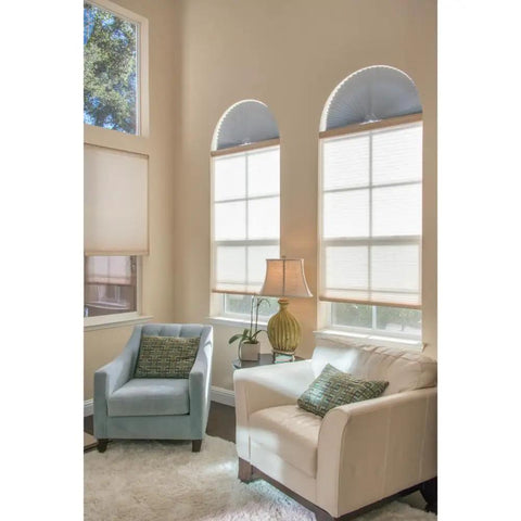 Living room with No Tools Needed Arch Window Shade White Pleated Fabric Light Blocking Privacy Shade With Peel And Stick Install For 72 W By 36 H Half Round Arch Windows