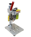 Get This Portable Mini Drill Press For CNC Table Milling With Powerful 795W Dc Motor Up To 7000RPM For Wood, Plastic And Soft Aluminum. Features Precise Depth Control With Limit Rod For Accurate Benchtop Drilling And Expansible Base Setup. showing drill press with a silver base, yellow and green motor, and adjustable handle.
