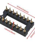 Gold Plated DIP IC Socket Adapter 2 Rows With 16 Round Pins For Soldering PCB Boards, dimensions labeled in inches.