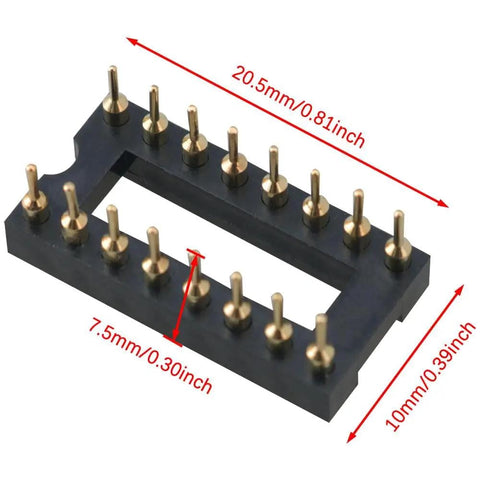 Gold Plated DIP IC Socket Adapter 2 Rows With 16 Round Pins For Soldering PCB Boards, dimensions labeled in inches.