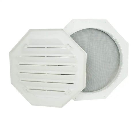 22 Inch Octagon Gable Vent With Screen, Two Piece Construction, White, UV Protected, Front Face Removable, Maintenance Free