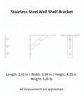 Diagram of Beefy Heavy Duty L Shape Wall Shelf Bracket Made From 304 Stainless Steel, dimensions labeled, rust resistant silver finish