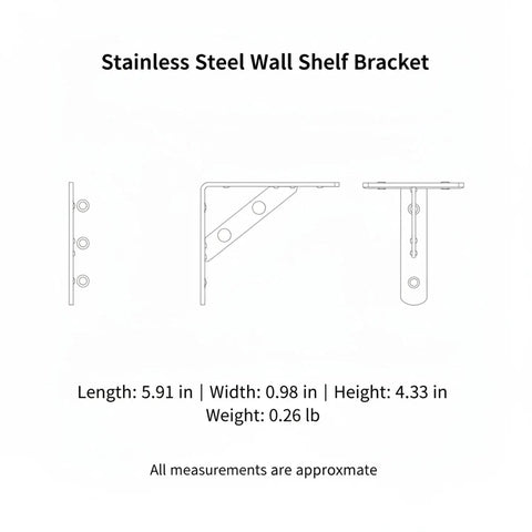Diagram of Beefy Heavy Duty L Shape Wall Shelf Bracket Made From 304 Stainless Steel, dimensions labeled, rust resistant silver finish