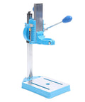 Jiawu High Capacity Electric Drill Stand Rotatable Bench Press for Wood Plastic Iron with 80mm Stroke, silver and blue design, sturdy base.