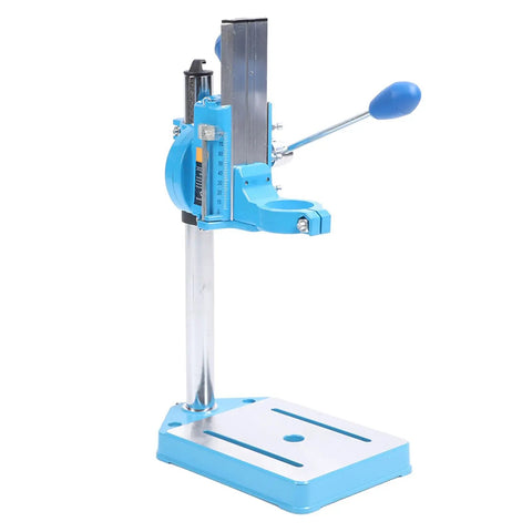 Jiawu High Capacity Electric Drill Stand Rotatable Bench Press for Wood Plastic Iron with 80mm Stroke, silver and blue design, sturdy base.