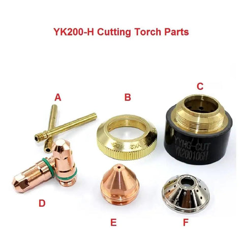 Pilot Arc CNC Plasma Cutting Torch Parts Kit with electrode, nozzle, tip, shield cap, durable for high temp use, pro grade.