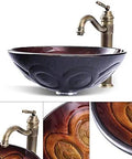 Super Sleek Gradient Round Vessel Sink For Bathroom Vanity Above Counter Tempered Glass Peacock Feather Pattern Smooth Finish Modern Luxury Wash Basin Dope Top Shelf with bronze faucet and detailed design.
