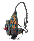 Side view of Fly Fishing Sling Pack Made With 100 Percent Recycled Cordura For All Day On Water Comfort 11L Of Gear Storage in colorful design