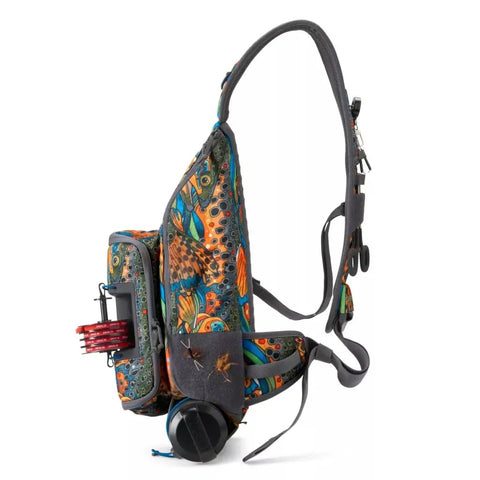 Side view of Fly Fishing Sling Pack Made With 100 Percent Recycled Cordura For All Day On Water Comfort 11L Of Gear Storage in colorful design