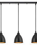 Three Light Kitchen Island Pendant Fixture For That Dope Industrial Farmhouse Vibe With Matte Black Metal Bell Shade And Golden Accents