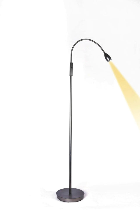 Patented Focus Adjustable LED Floor Lamp With Gooseneck No Glare Beam From 3 To 33 Inches At 12 Inches Distance For Reading Crafting And Hobby Projects Low Spill Lighting That Stays Put And Lights Up Your Space standing with beam shining.