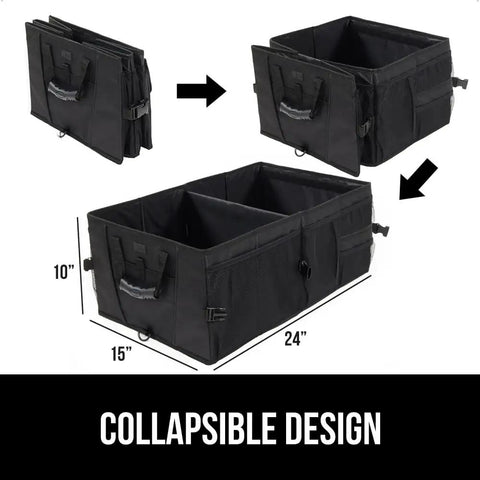 Collapsible trunk organizer for SUV and car with big capacity, heavy-duty multi compartment, water resistant, black, measurements shown