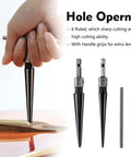 Using Two Pack Tapered Reamer Set with T Handle for metal and plastic, showing reamers 3-13mm and 5-16mm for precise sizing.