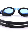 Front view of blue goggles with adjustable silicone eyeglass strap for swimming and pool use no slip design quick adjustment.