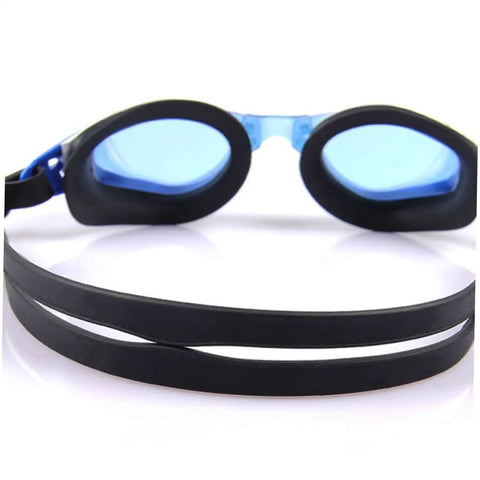 Front view of blue goggles with adjustable silicone eyeglass strap for swimming and pool use no slip design quick adjustment.