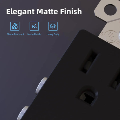 Close-up of Matte Black Decorator Outlet 15A 125V Wall Receptacle NEMA 5-15R with matte finish and flame-resistant features.