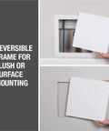 No Sweat Flush Or Surface Mount Wall Access Panel With Uv Resistant Finish Heavy Duty Frame And Screw Lock Child Safe Cover being installed.