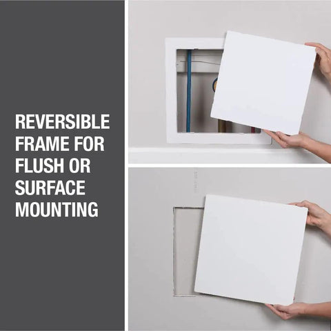 No Sweat Flush Or Surface Mount Wall Access Panel With Uv Resistant Finish Heavy Duty Frame And Screw Lock Child Safe Cover being installed.
