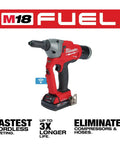 Heavy Duty 18 Volt Brushless Cordless Blind Rivet Tool Kit showcasing a red and gray body, designed for quick pop rivet installation.