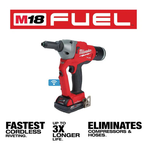 Heavy Duty 18 Volt Brushless Cordless Blind Rivet Tool Kit showcasing a red and gray body, designed for quick pop rivet installation.