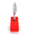 Ceramic nail drill bit, front view, 3/32 in shank, white cone head in red stand