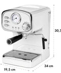 No Drama Stainless Steel Electric Coffee And Milk Frother Machine With Clear Removable Water Tank and Simple Dial Controls, front view with dimensions.