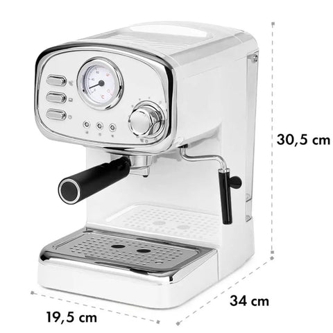 No Drama Stainless Steel Electric Coffee And Milk Frother Machine With Clear Removable Water Tank and Simple Dial Controls, front view with dimensions.