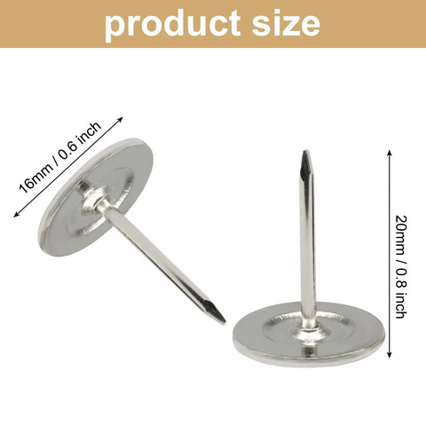 50 Piece Flat Head Thumb Tacks With Slick Silver Finish Heavy Duty Solid Steel Push Pins No Hassle Hardware Set For Corkboard Mounts Picture Hanging And Workshop Fixes, showing size dimensions 16mm by 20mm.