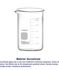Borosilicate Glass Beaker Set With Graduated Griffin Low Form Beakers In Five Sizes 50 mL 100 mL 250 mL 500 mL And 1 L Pro Grade Lab Gear with 1000 mL beaker.