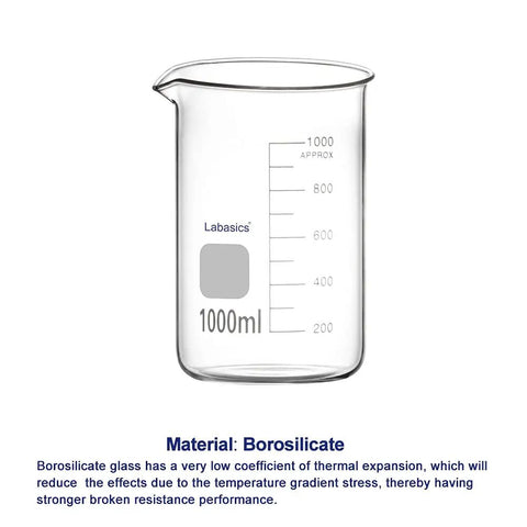 Borosilicate Glass Beaker Set With Graduated Griffin Low Form Beakers In Five Sizes 50 mL 100 mL 250 mL 500 mL And 1 L Pro Grade Lab Gear with 1000 mL beaker.