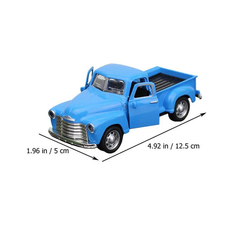 Retro Pickup Truck Model Toy In Metal Sky Blue with open doors, Classic Stepside Desk Decor For Home And Office, side view with dimensions
