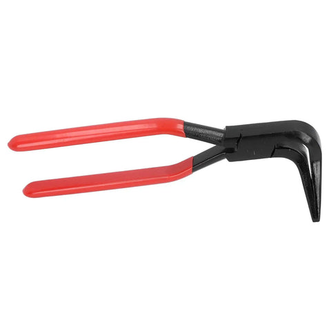 Close-up of Beefy Heavy Duty Metal Bending Pliers Hand Seamer with red handles and three jaw sizes for bending sheet metal.