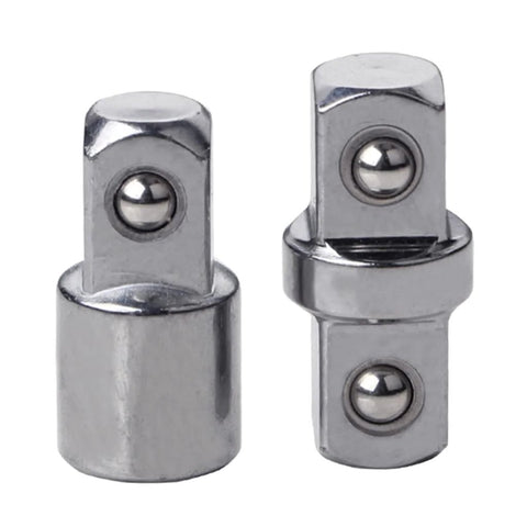 Two chrome-plated 3/8 in socket sleeve adapters with square drive ends