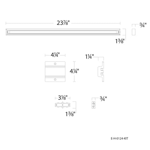 Diagram of Amped Collection 3 Light LED Track Kit With 4ft Track And Floating Feed In White Finish, dimensions included.
