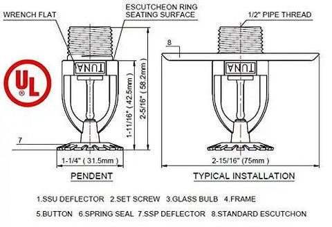 Diagram of Dual Pack Pendent Fire Sprinkler Heads With Half Inch Npt Thread And Ul Approval showing dimensions and installation details.