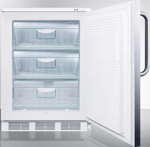 Straight Up Commercial Upright Freezer With Premium Stainless Steel Wrap And Rock Solid Factory Key Lock Nsf Certified For Serious Deep Cold Storage Wherever You Set It Down, interior with three clear storage drawers.