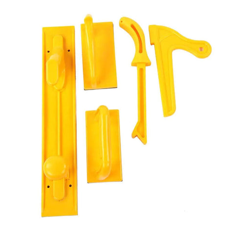 Five Piece Plastic Safety Push Block Set For Woodworking Router Tables And Household Use Includes Short Push Blocks Long Push Block V Stick Push Stick With Rubber Bottoms For Stable Accurate Workpiece Handling displayed on white background