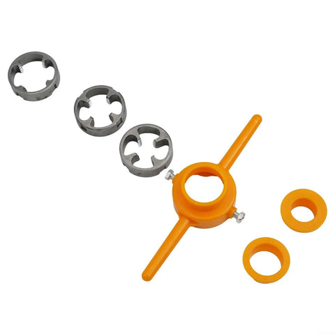 Fabulettas Six-Piece PPR Pipe Bender Spring And Manual Threader Tool Kit For Plastic Conduit with alloy rings and orange handle.