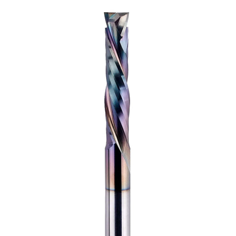 SpeTool UP&Down compression router bit, close-up view, 1/4 in shank, 3 in OVL, carbide spiral, TAC coating