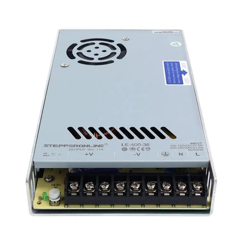 Heavy Duty 400W Switching Power Supply model LE-400-36 with forced air ventilation and multiple terminal connections for CNC and 3D printing.