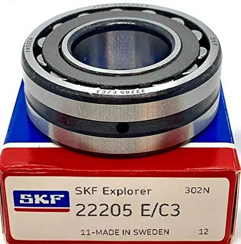 Tough As Nails 22205 E C3 Spherical Roller Bearing 25X52X18 mm shown with SKF branding and box for heavy industrial use.