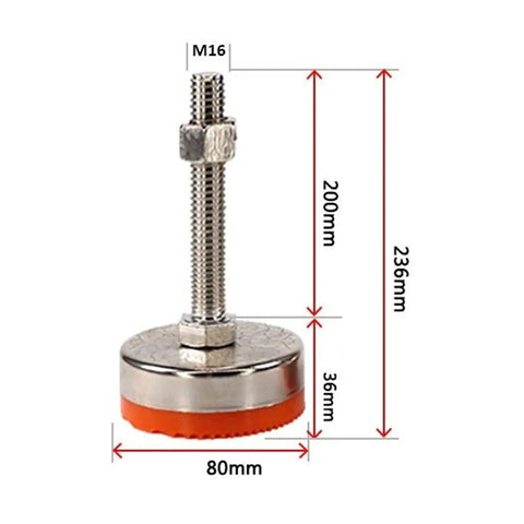 Four Pack Adjustable Leveling Feet For Furniture Cabinet And Workbench, Rust Resistant Iron With PVC Anti Slip Mat, 500 Kg Load, D80 M16 M20 Options With Various Lengths, Durable Striped Base For Tables, Cabinets, Plant Racks. M16 leveling foot with 80mm base and 200mm height for furniture