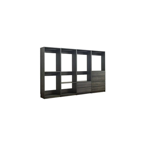 Freestanding Gray Wood Closet System With Five Modular Wardrobe Units For No Stress Setup Clean Vibes Ultimate Storage Flex Super Easy Game Changing Room Layout - side view of five panel closet system with shelves and drawers.