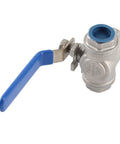 Rock Solid 304 Stainless Steel Three Way T Port Ball Valve 3/4 Inch DN20 with blue handle for smooth flow control.
