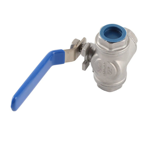 Rock Solid 304 Stainless Steel Three Way T Port Ball Valve 3/4 Inch DN20 with blue handle for smooth flow control.