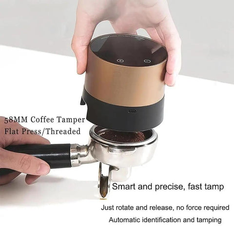 Smart Electric Coffee Tamper With 20 Level Adjustable Pressure and Precision Depth Control, 58MM flat press on coffee grounds.