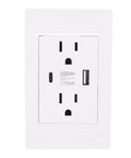 Slick Dual USB Wall Outlet With Type C Port, heavy duty flame retardant receptacle, compact charging socket for home use.